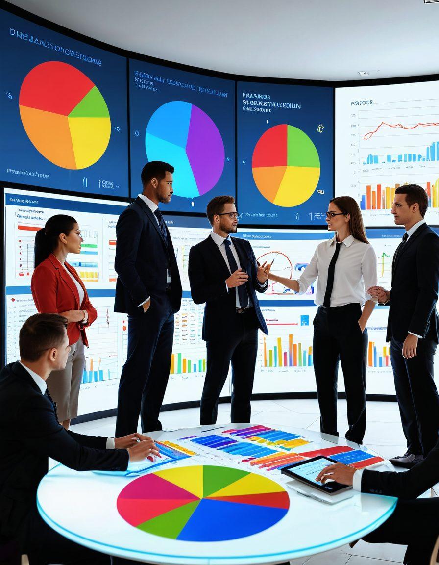 A captivating visual of a diverse group of professionals engaged in a lively discussion around a large digital display showcasing various graphs and charts. Include elements like colorful pie charts, bar graphs, and data visualizations floating around them. The backdrop should be a modern office setting with bright lighting, symbolizing collaboration and innovation in data analysis. super-realistic. vibrant colors. 3D.