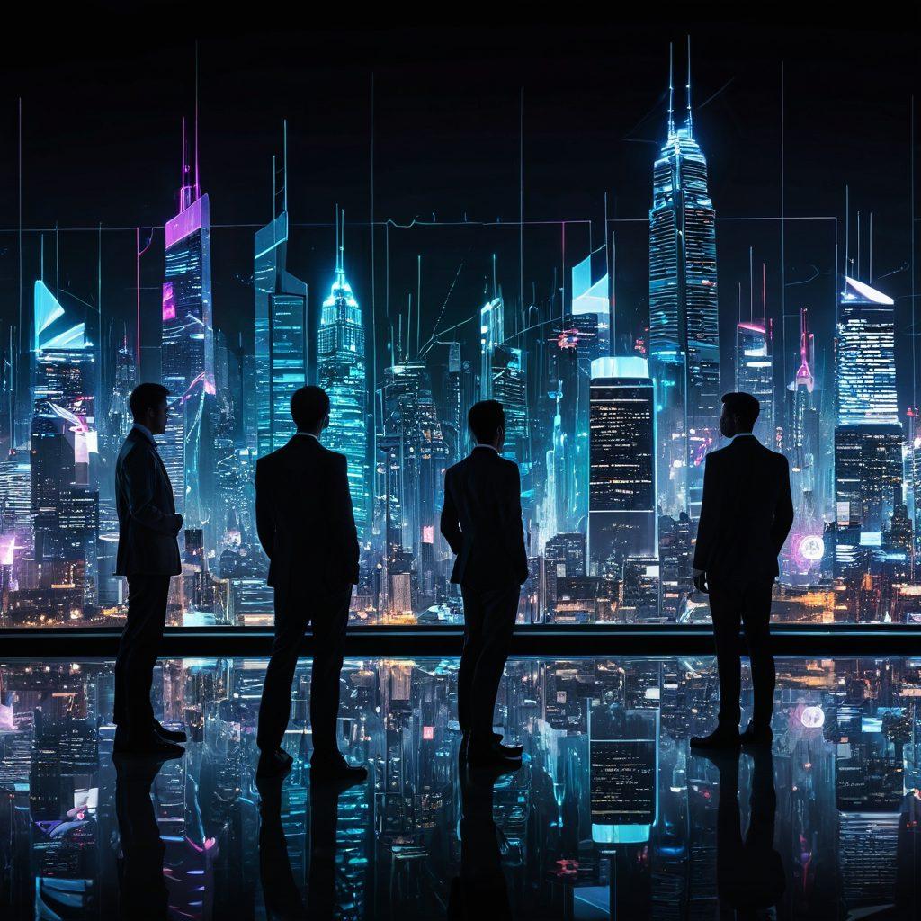 A futuristic city skyline illuminated with digital interfaces showcasing graphs and charts, symbolizing big data analytics at work. In the foreground, a diverse group of professionals analyzing data on transparent screens with glowing statistics swirling around them. Incorporate elements of connectivity, like glowing data streams flowing through the air. The atmosphere should be vibrant and energetic, giving a sense of innovation and forward-thinking. cyberpunk. vibrant colors. high-tech details.